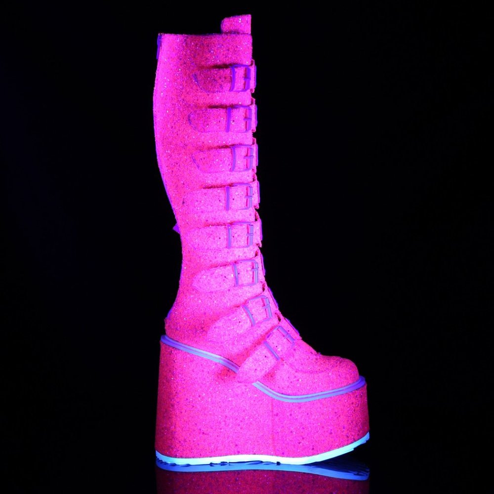Pink Glitter Glow Platform Knee High Boots